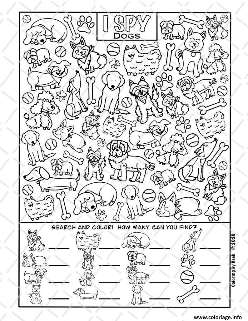 Dessin Chiens Dogs Cherche et Trouve Coloriage Gratuit à Imprimer